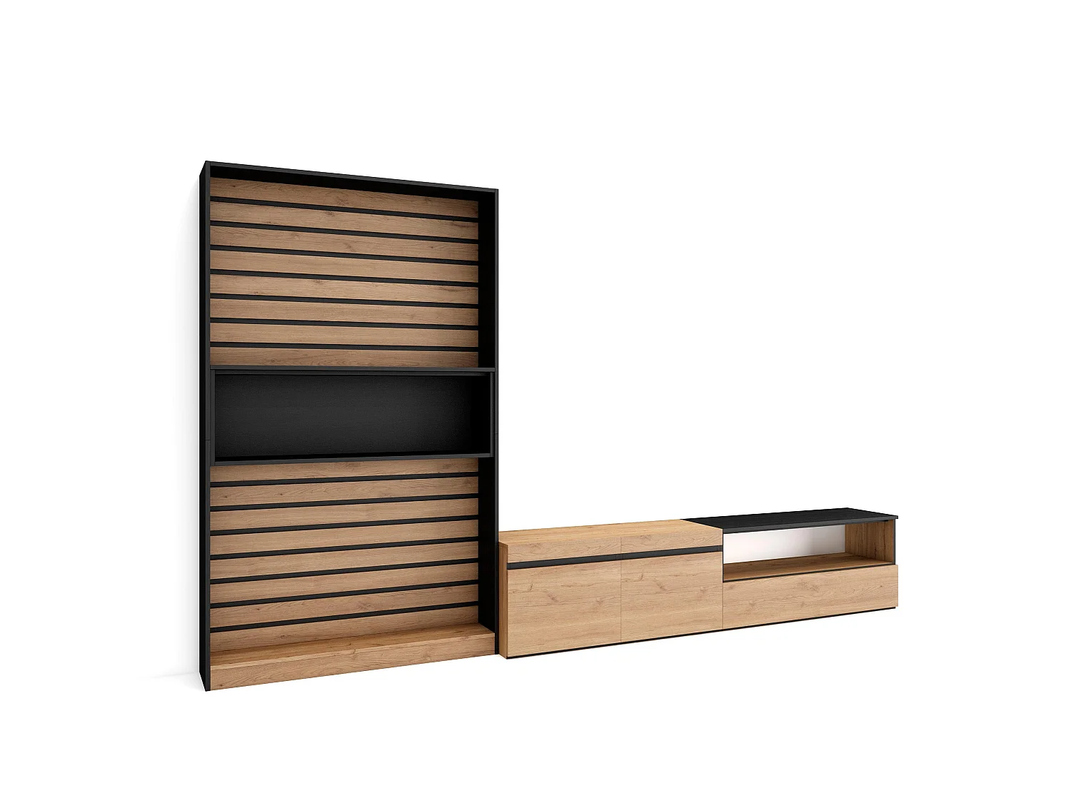 Ensemble Meuble TV, 310x35x186cm, Pour les TV jusqu'à 80", Salon Complet, Chêne et noir