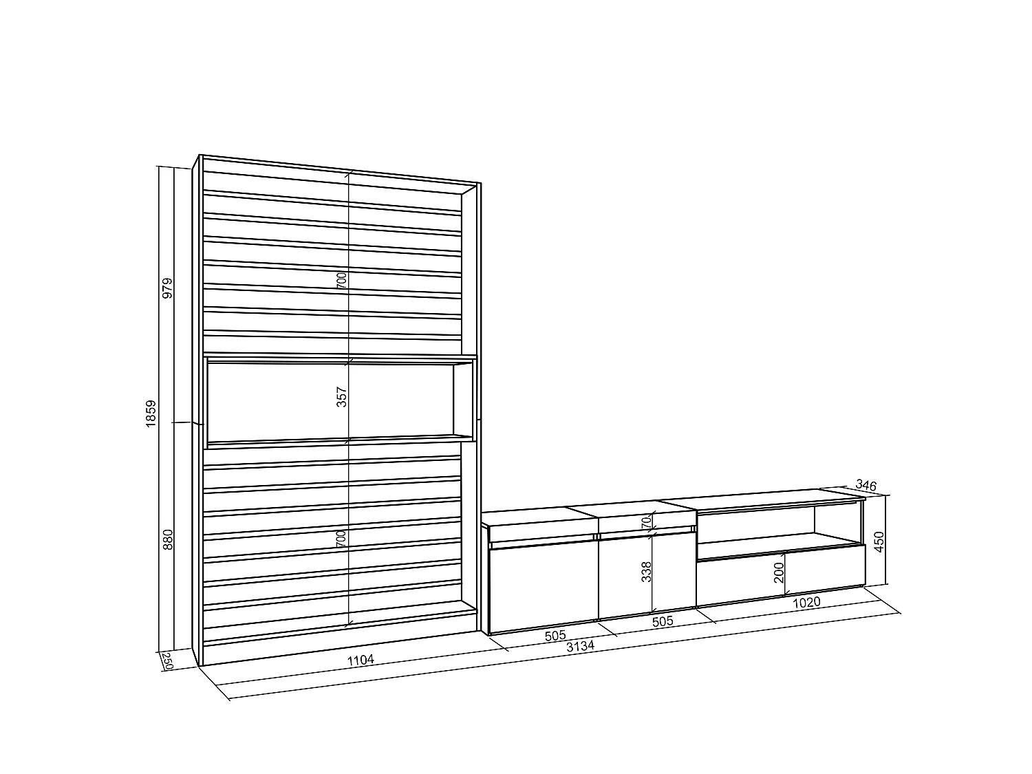Ensemble Meuble TV, 310x35x186cm, Pour les TV jusqu'à 80", Salon Complet, Chêne et noir