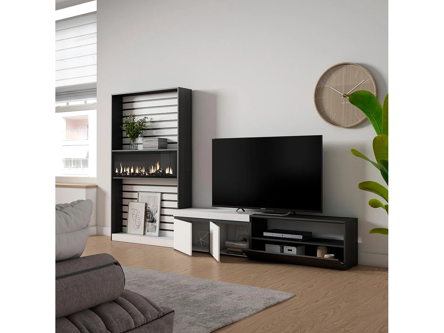 Ensemble Meuble TV, 310x35x186cm, Pour les TV jusqu'à 80", Cheminée électrique, Blanc et noir