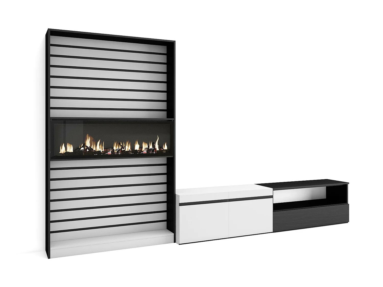 Meubels voor woonkamer, 310x35x186cm, Voor tv's tot 80", Elektrische haard, Wit en Zwart