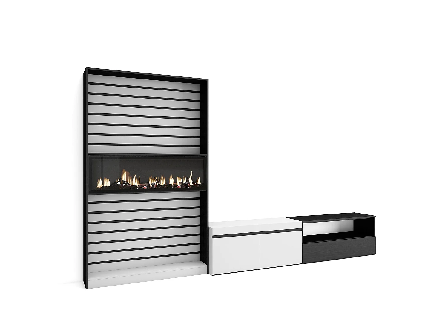 Wohnwand Wohnzimmer, 310x35x186cm, Für TV-Geräte bis zu 80", Elektrokamin, Weiß und Schwarz