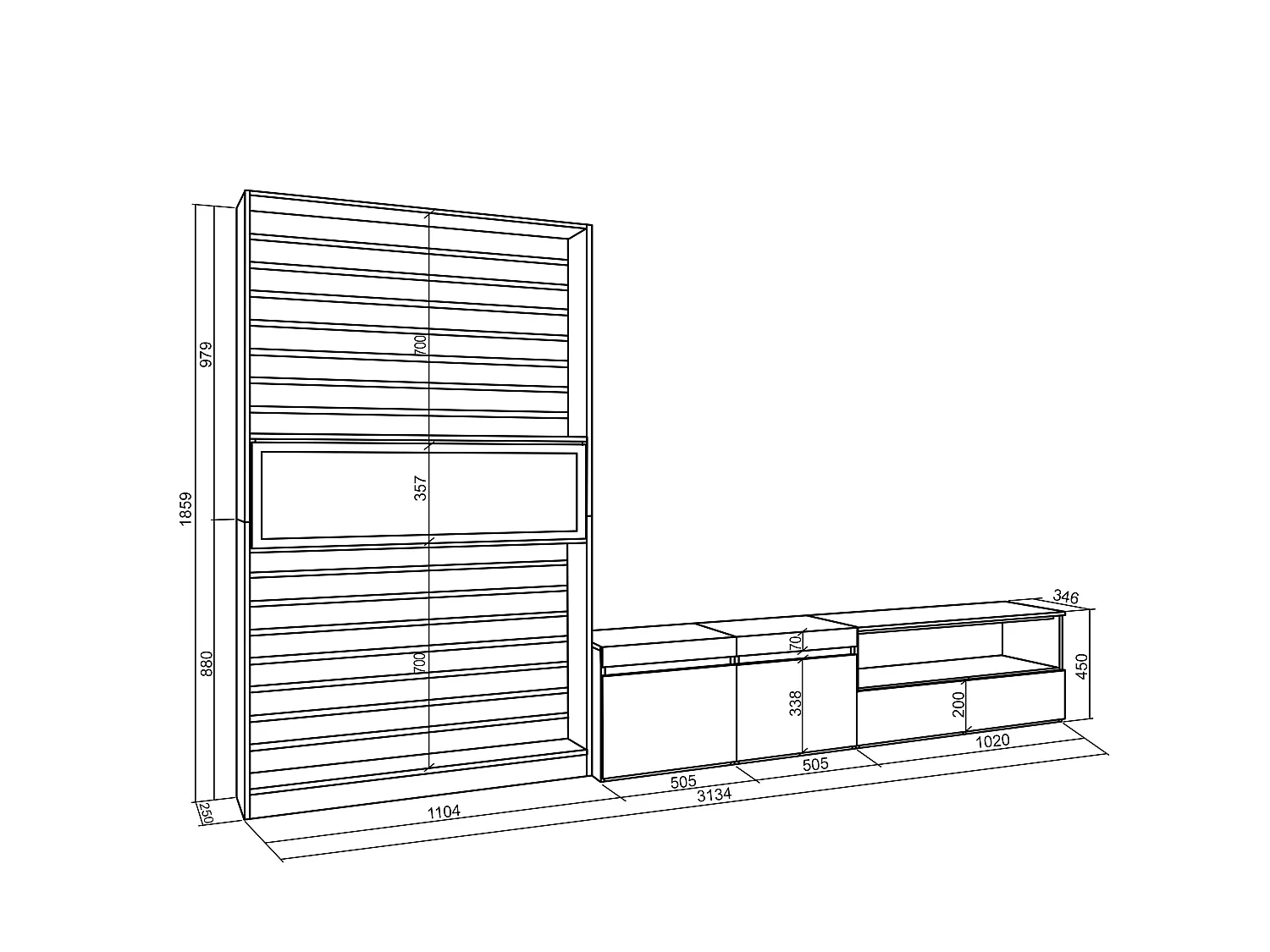 Wohnwand Wohnzimmer, 310x35x186cm, Für TV-Geräte bis zu 80", Elektrokamin, Weiß und Schwarz