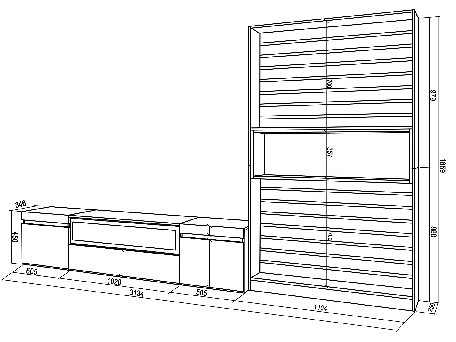 Meubels voor woonkamer, 310x186x35cm, Voor tv's tot 80", Elektrische haard, Cement