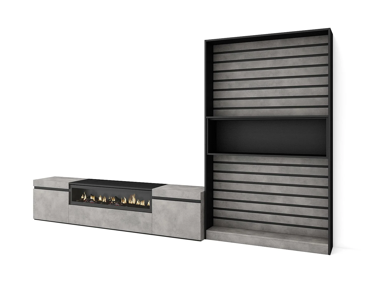 Ensemble Meuble TV, 310x186x35cm, Pour les TV jusqu'à 80", Cheminée électrique, Ciment