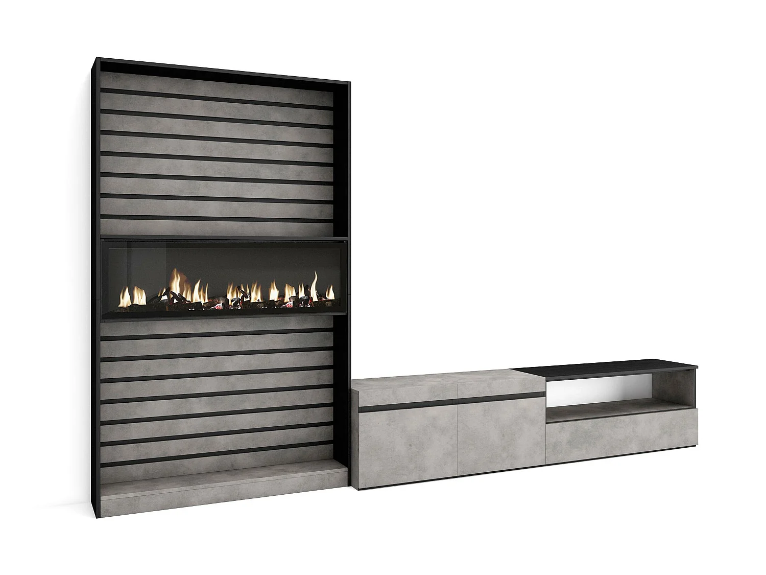 Ensemble Meuble TV, 310x186x35cm, Pour les TV jusqu'à 80", Cheminée électrique, Ciment