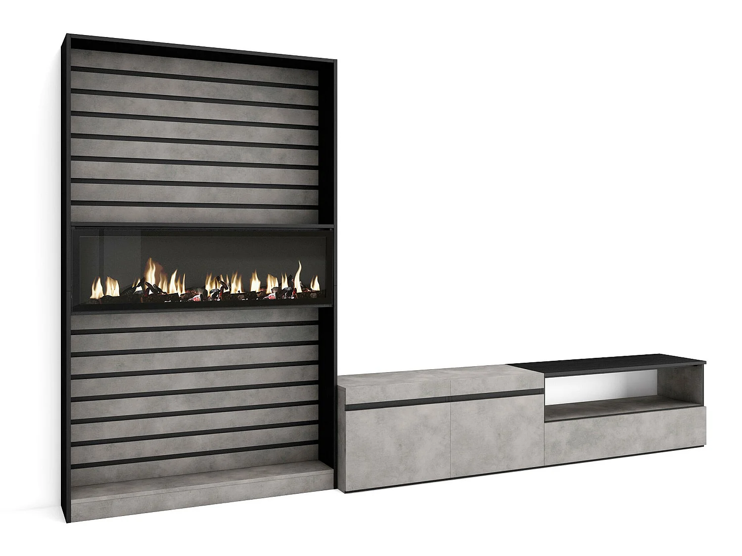 Ensemble Meuble TV, 310x186x35cm, Pour les TV jusqu'à 80", Cheminée électrique, Ciment
