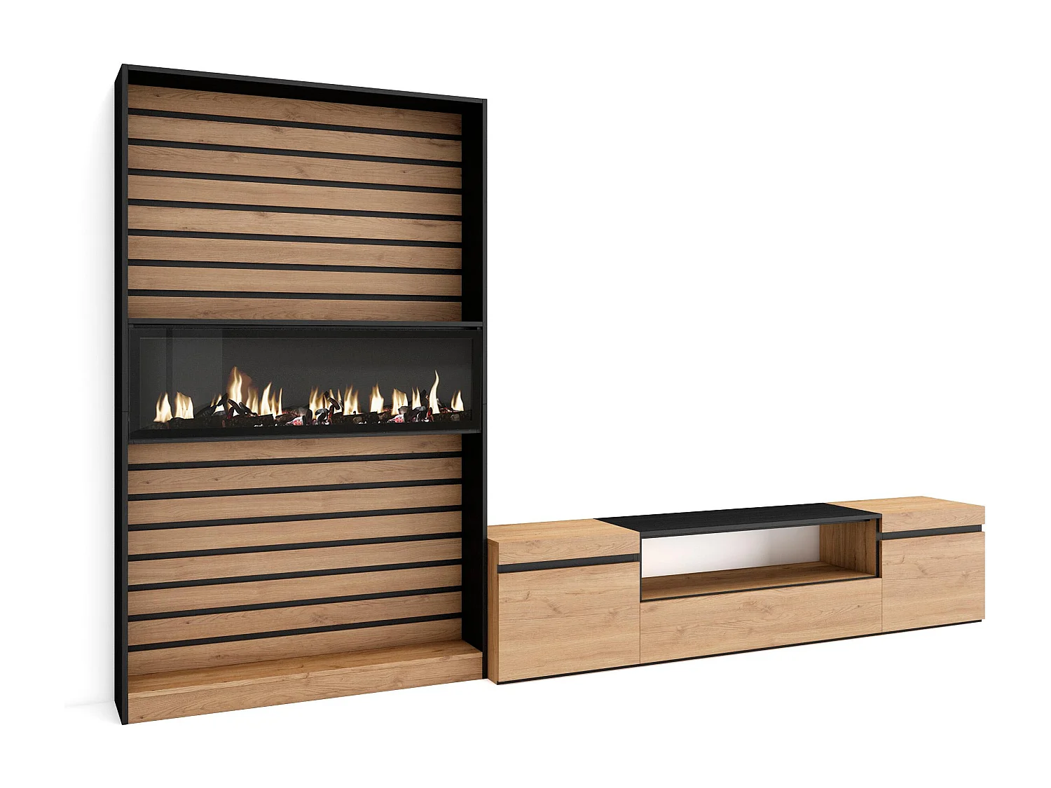 Ensemble Meuble TV, 310x35x186cm, Pour les TV jusqu'à 80", Cheminée électrique, Chêne et noir