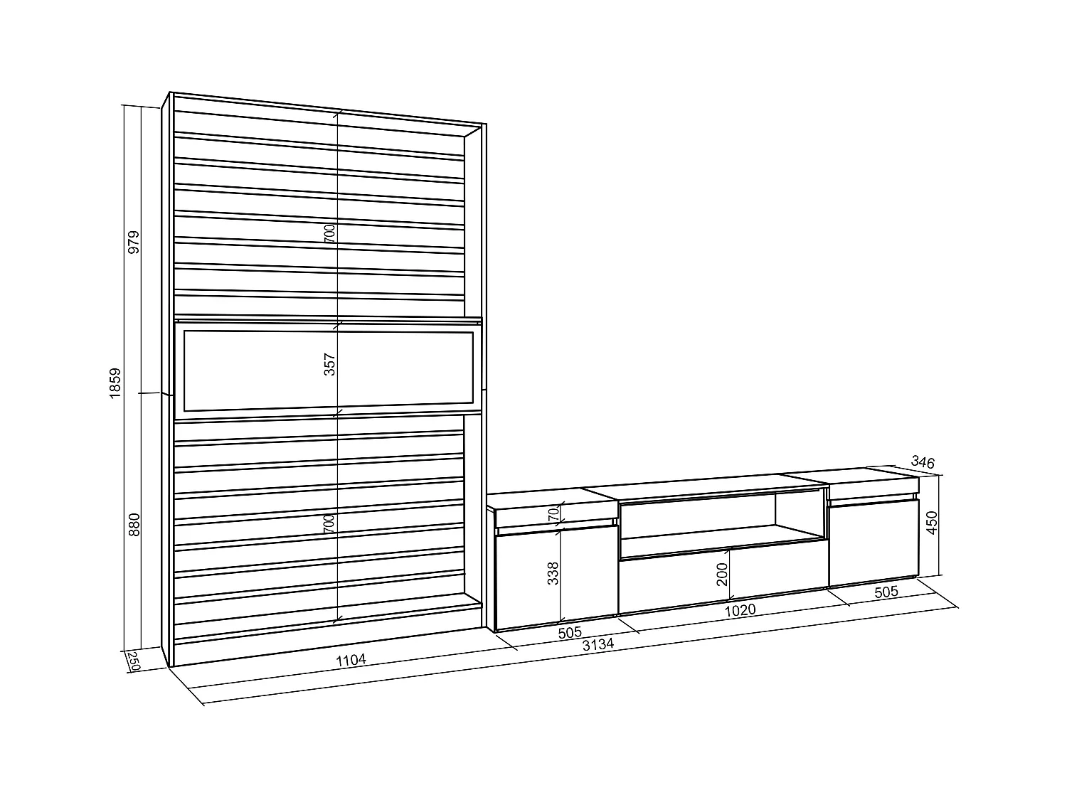 Meubels voor woonkamer, 310x35x186cm, Voor tv's tot 80", Elektrische haard, Eiken/Zwart