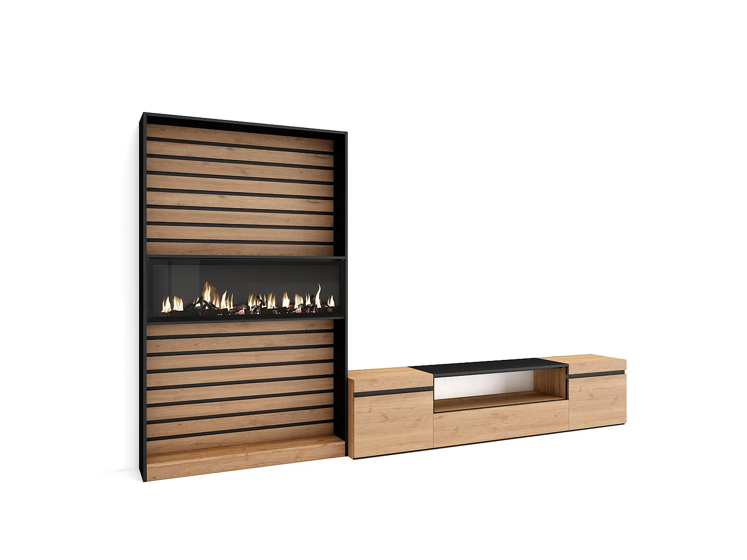 Meubels voor woonkamer, 310x35x186cm, Voor tv's tot 80", Elektrische haard, Eiken/Zwart