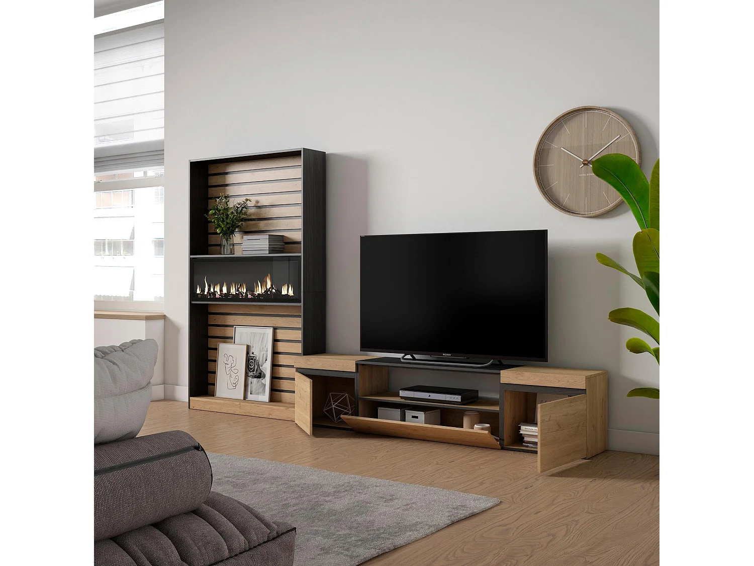 Meubels voor woonkamer, 310x35x186cm, Voor tv's tot 80", Elektrische haard, Eiken/Zwart