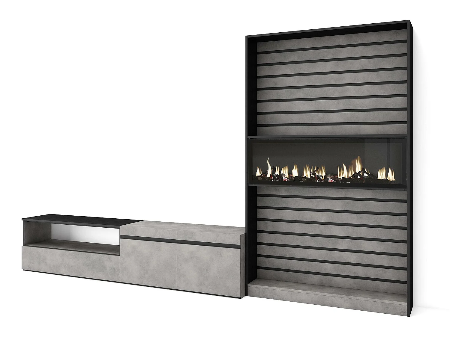 Ensemble Meuble TV, 310x186x35cm, Pour les TV jusqu'à 80", Cheminée électrique, Ciment