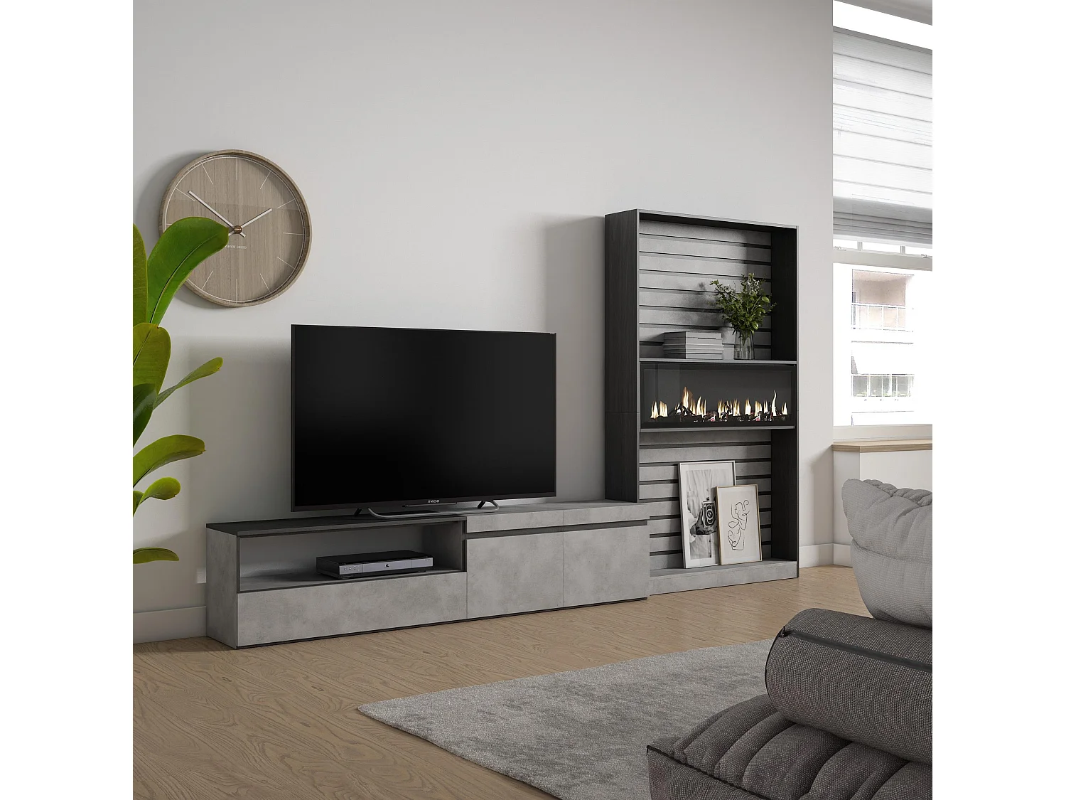 Meubels voor woonkamer, 310x186x35cm, Voor tv's tot 80", Elektrische haard, Cement