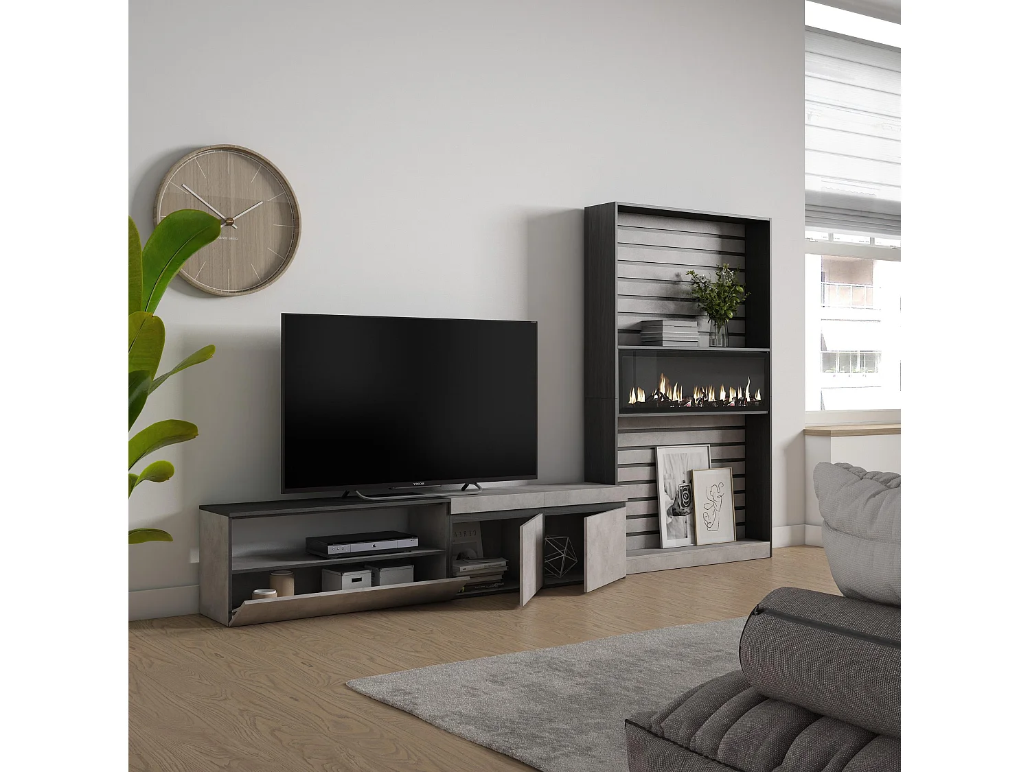 Meubels voor woonkamer, 310x186x35cm, Voor tv's tot 80", Elektrische haard, Cement