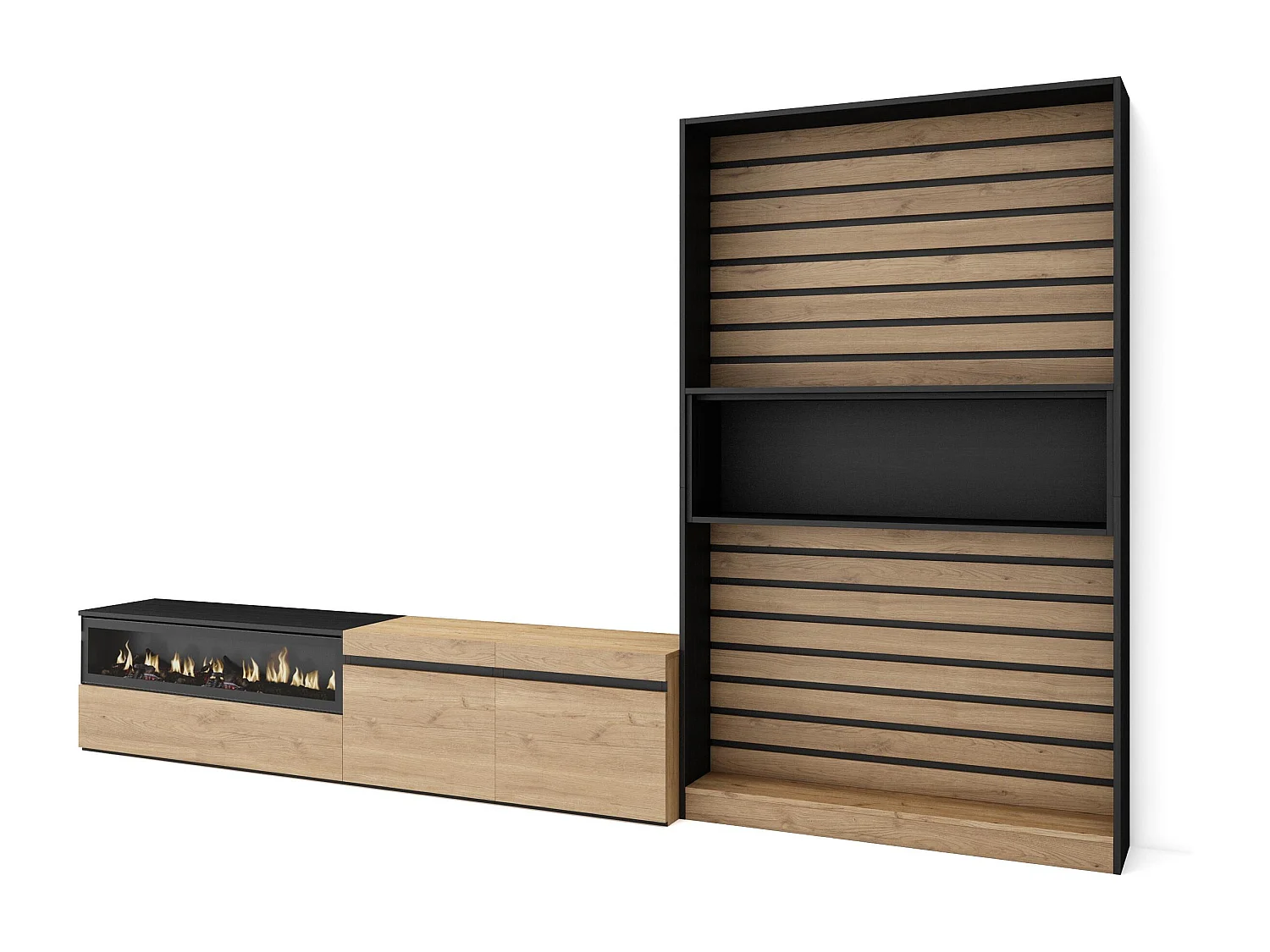 Wohnwand Wohnzimmer, 310x35x186cm, Für TV-Geräte bis zu 80", Elektrokamin. , Eiche Schwarz