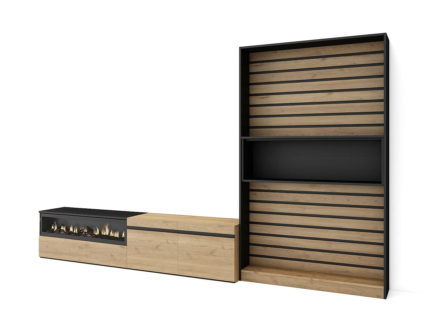 Meubels voor woonkamer, 310x35x186cm, Voor tv's tot 80", Elektrische haard, Eiken/Zwart