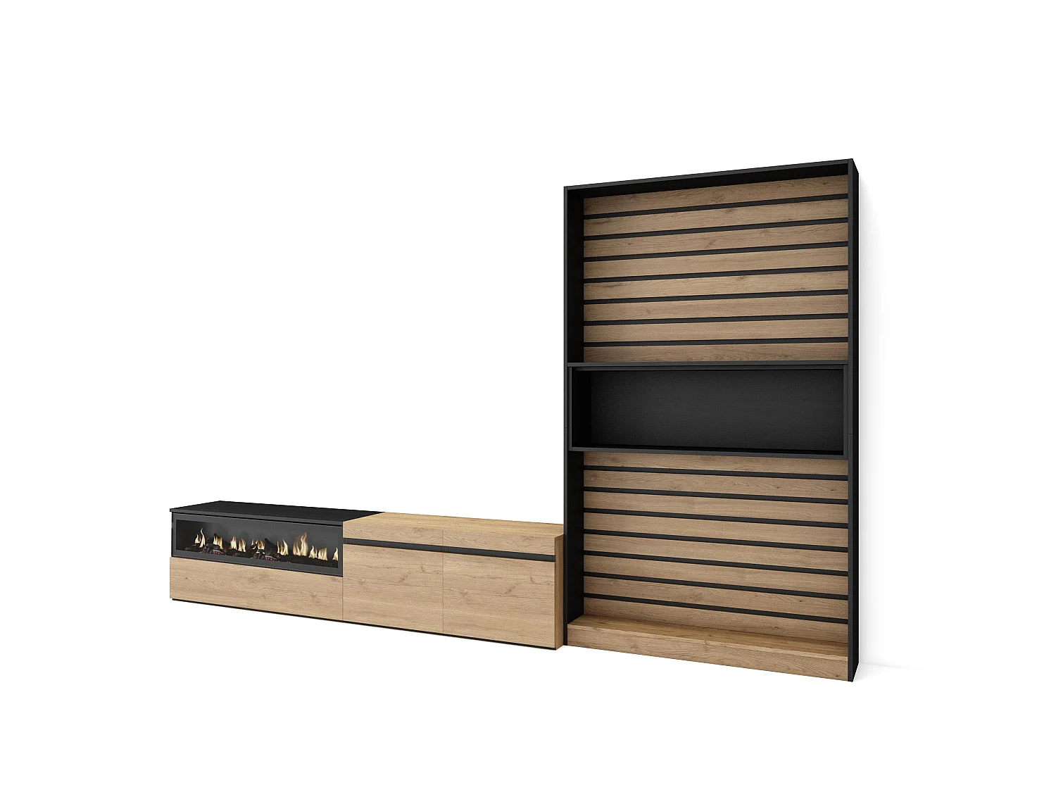 Ensemble Meuble TV, 310x35x186cm, Pour les TV jusqu'à 80", Cheminée électrique, Chêne et noir