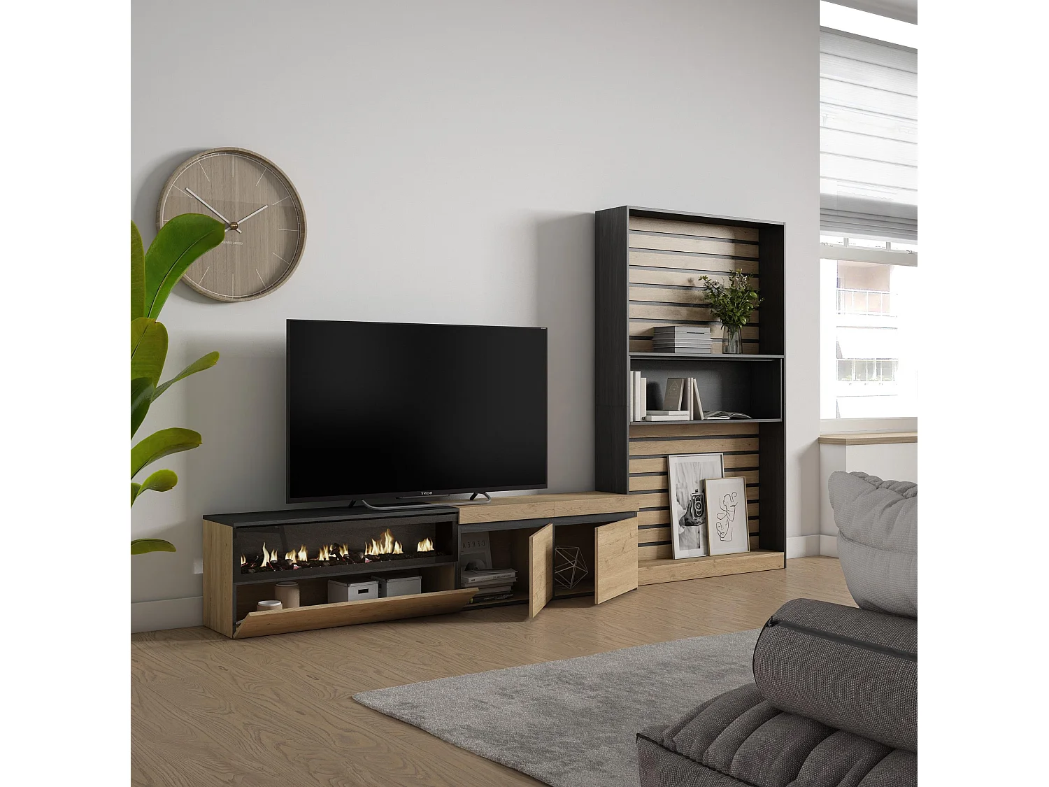 Ensemble Meuble TV, 310x35x186cm, Pour les TV jusqu'à 80", Cheminée électrique, Chêne et noir