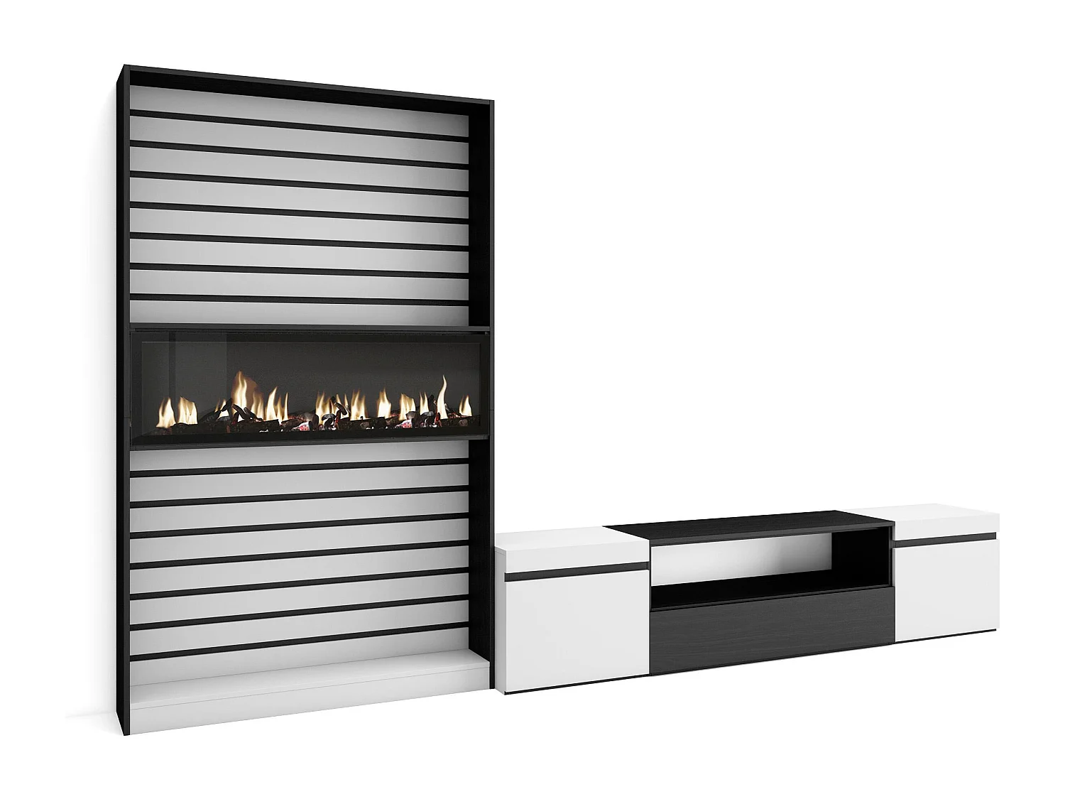 Ensemble Meuble TV, 310x35x186cm, Pour les TV jusqu'à 80", Cheminée électrique, Blanc et noir