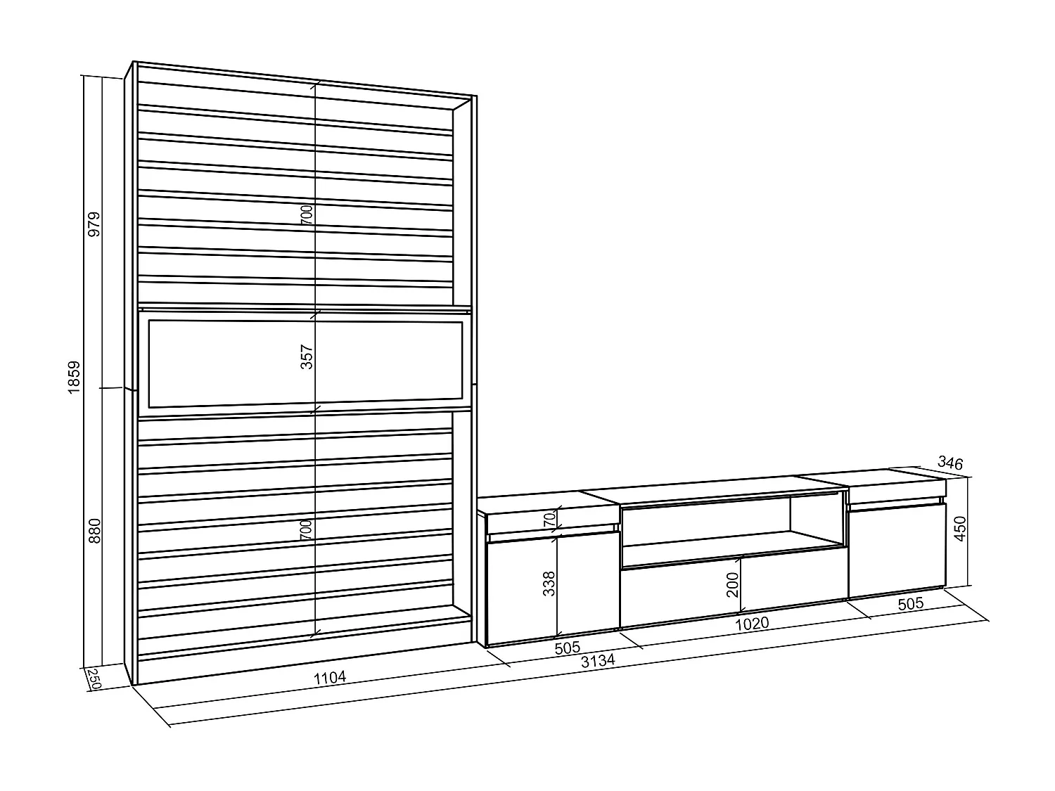 Ensemble Meuble TV, 310x35x186cm, Pour les TV jusqu'à 80", Cheminée électrique, Blanc et noir