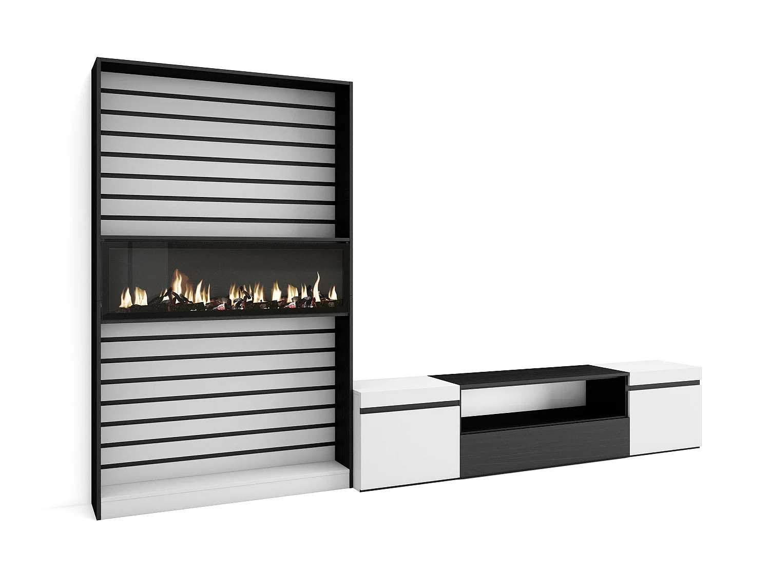 Ensemble Meuble TV, 310x35x186cm, Pour les TV jusqu'à 80", Cheminée électrique, Blanc et noir