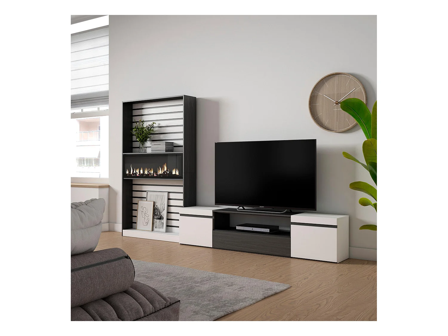 Ensemble Meuble TV, 310x35x186cm, Pour les TV jusqu'à 80", Cheminée électrique, Blanc et noir