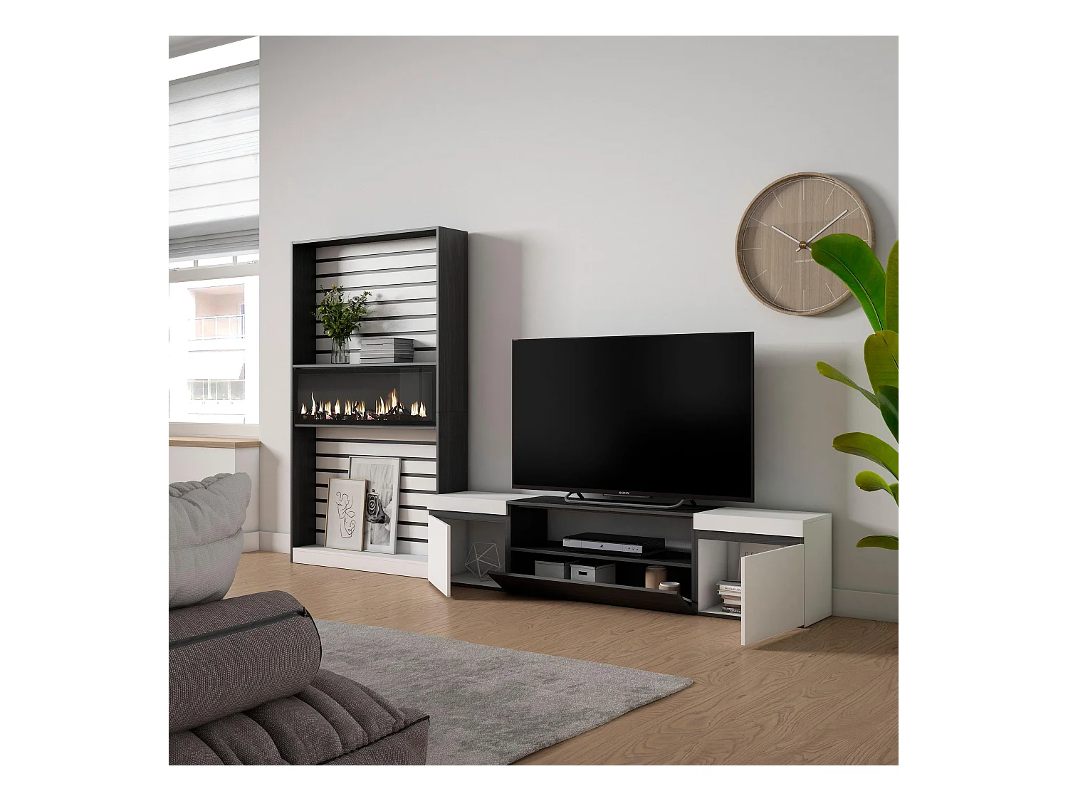 Ensemble Meuble TV, 310x35x186cm, Pour les TV jusqu'à 80", Cheminée électrique, Blanc et noir