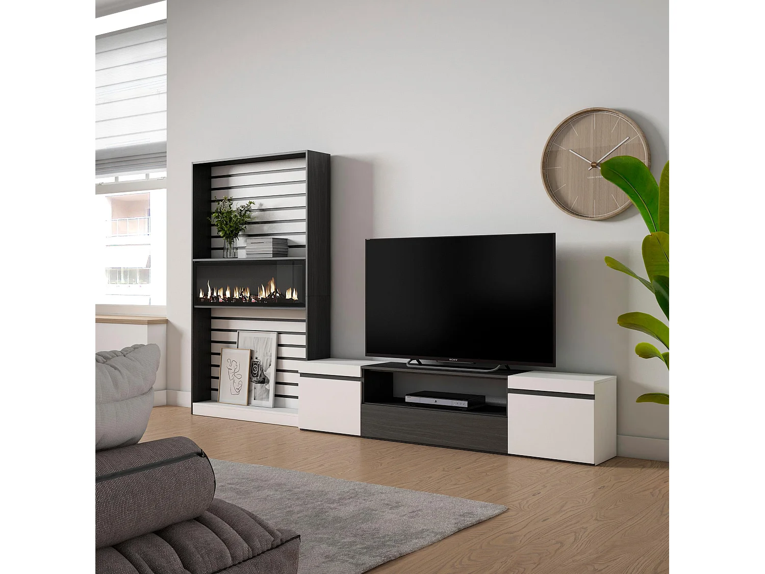 Meubels voor woonkamer, 310x35x186cm, Voor tv's tot 80", Elektrische haard, Wit en Zwart