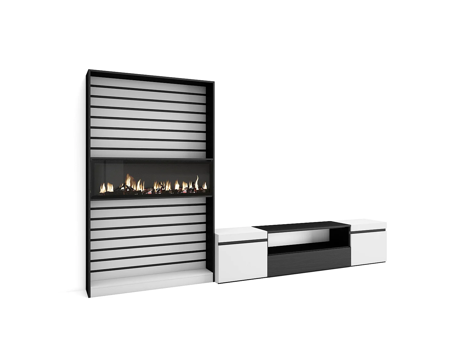 Wohnwand Wohnzimmer, 310x35x186cm, Für TV-Geräte bis zu 80", Elektrokamin, Weiß und Schwarz