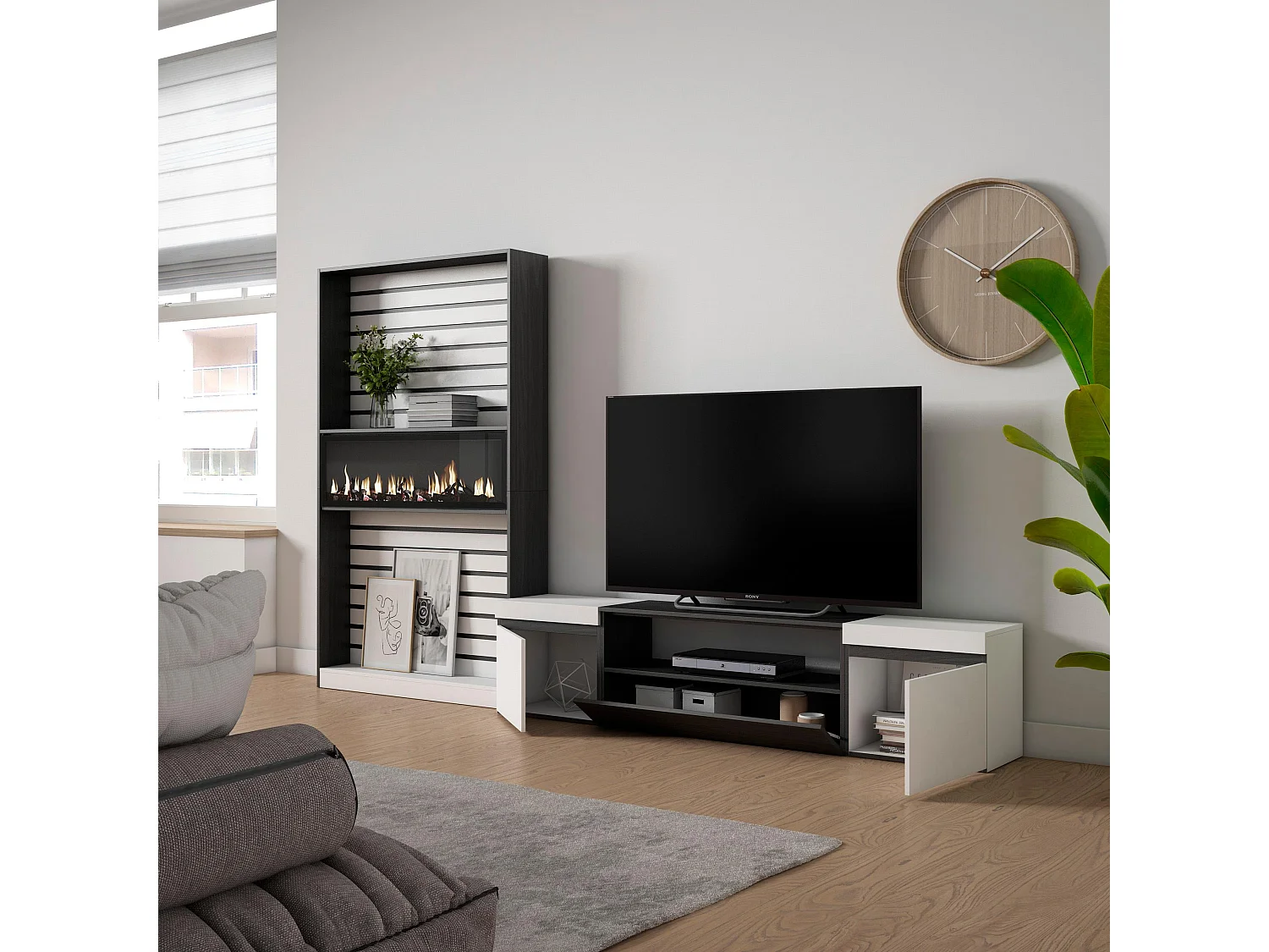 Wohnwand Wohnzimmer, 310x35x186cm, Für TV-Geräte bis zu 80", Elektrokamin, Weiß und Schwarz