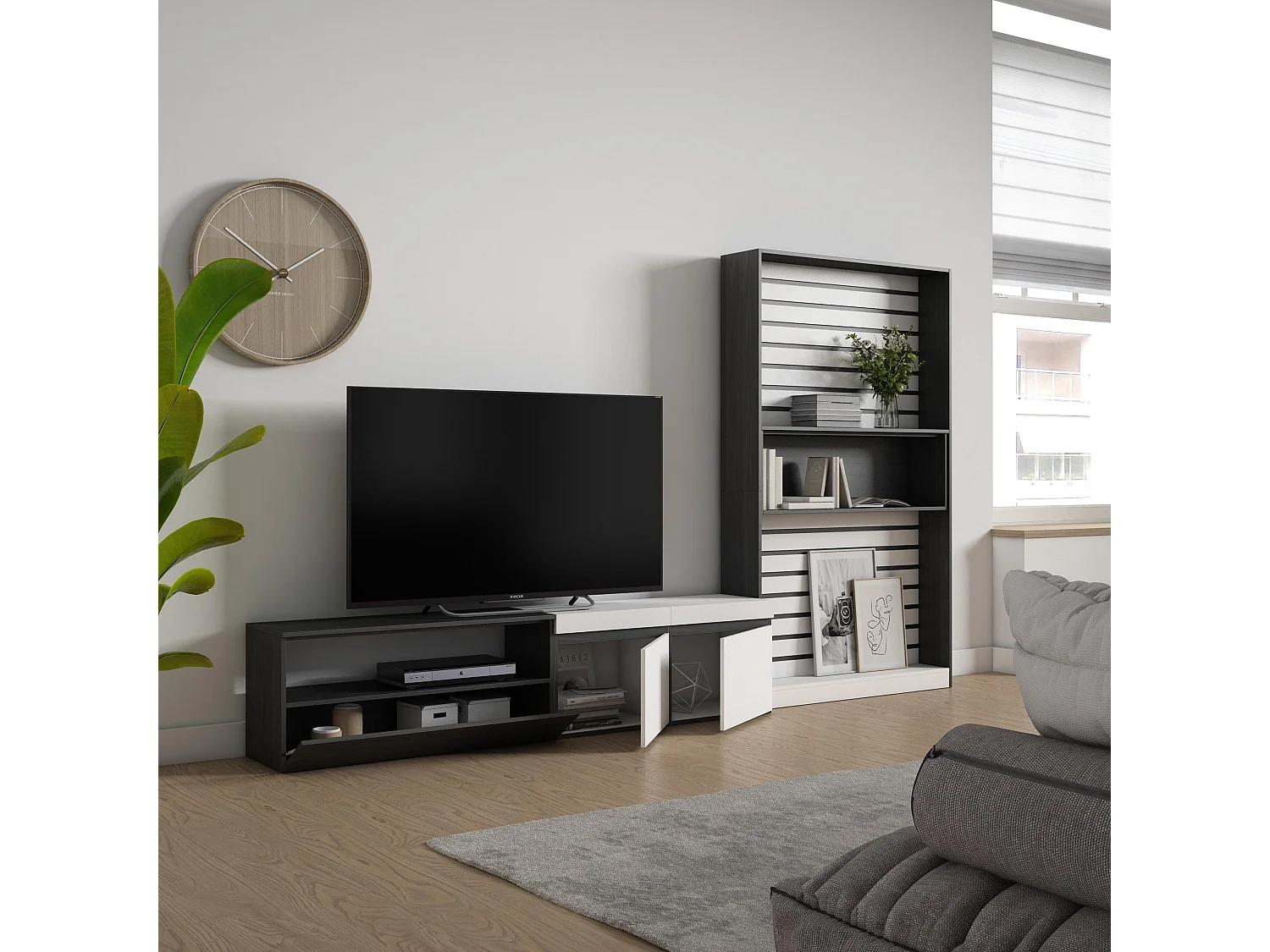 Ensemble Meuble TV, 310x35x186cm, Pour les TV jusqu'à 80", Salon Complet, Blanc et noir