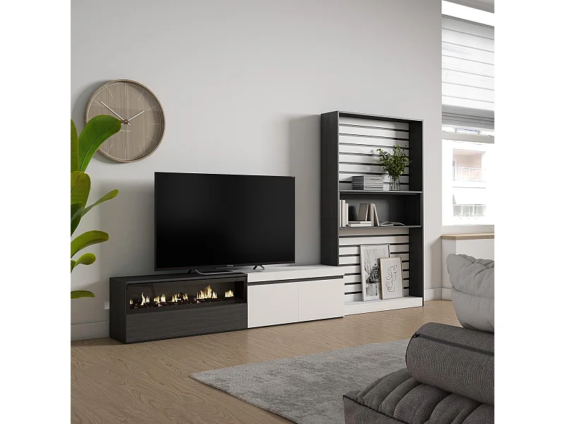 Ensemble Meuble TV, 310x35x186cm, Pour les TV jusqu'à 80", Cheminée électrique, Blanc et noir