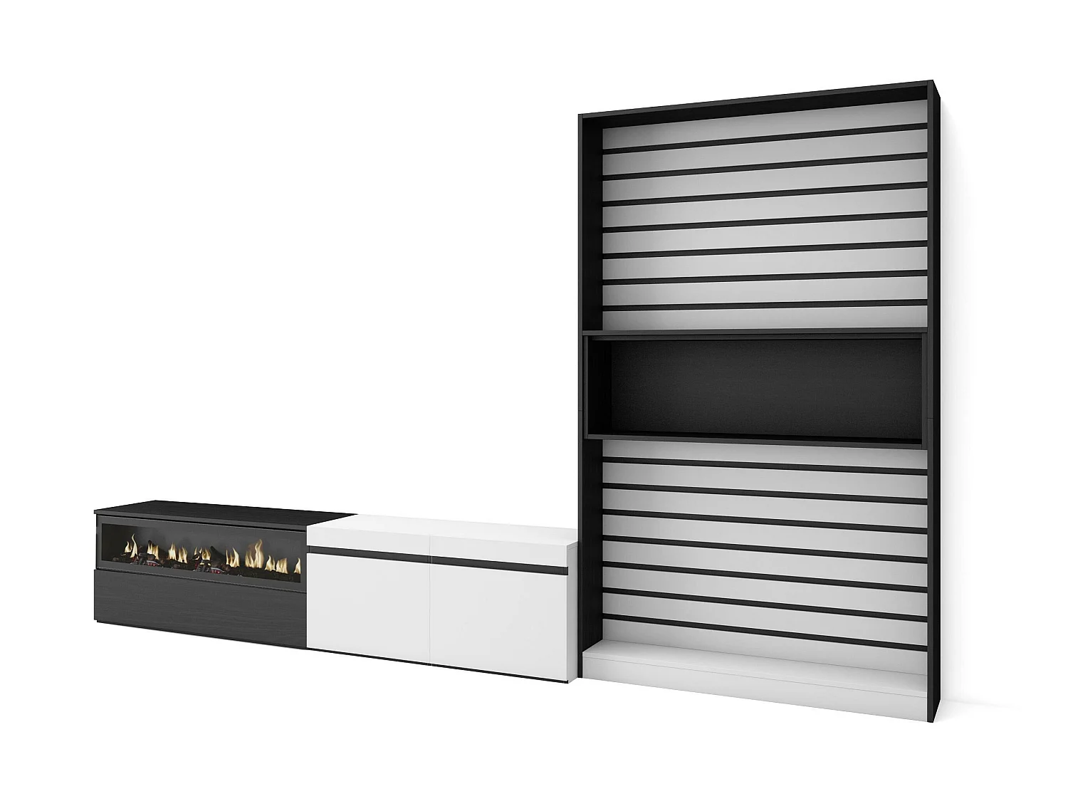 Ensemble Meuble TV, 310x35x186cm, Pour les TV jusqu'à 80", Cheminée électrique, Blanc et noir