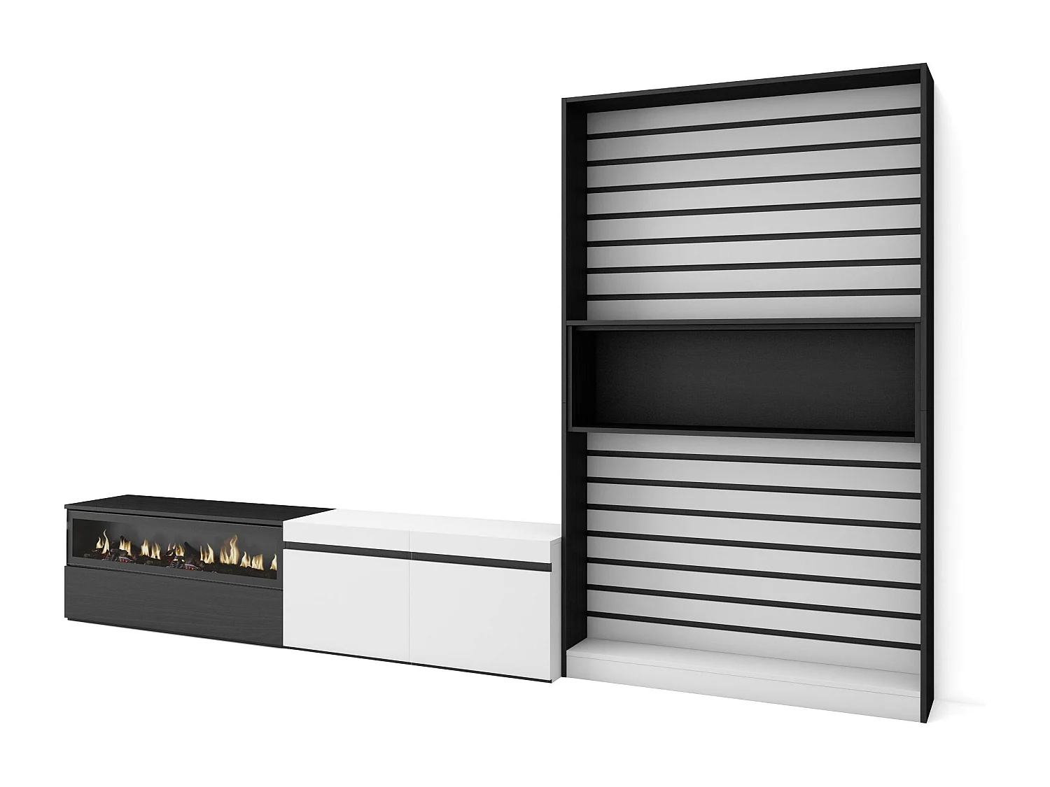 Ensemble Meuble TV, 310x35x186cm, Pour les TV jusqu'à 80", Cheminée électrique, Blanc et noir