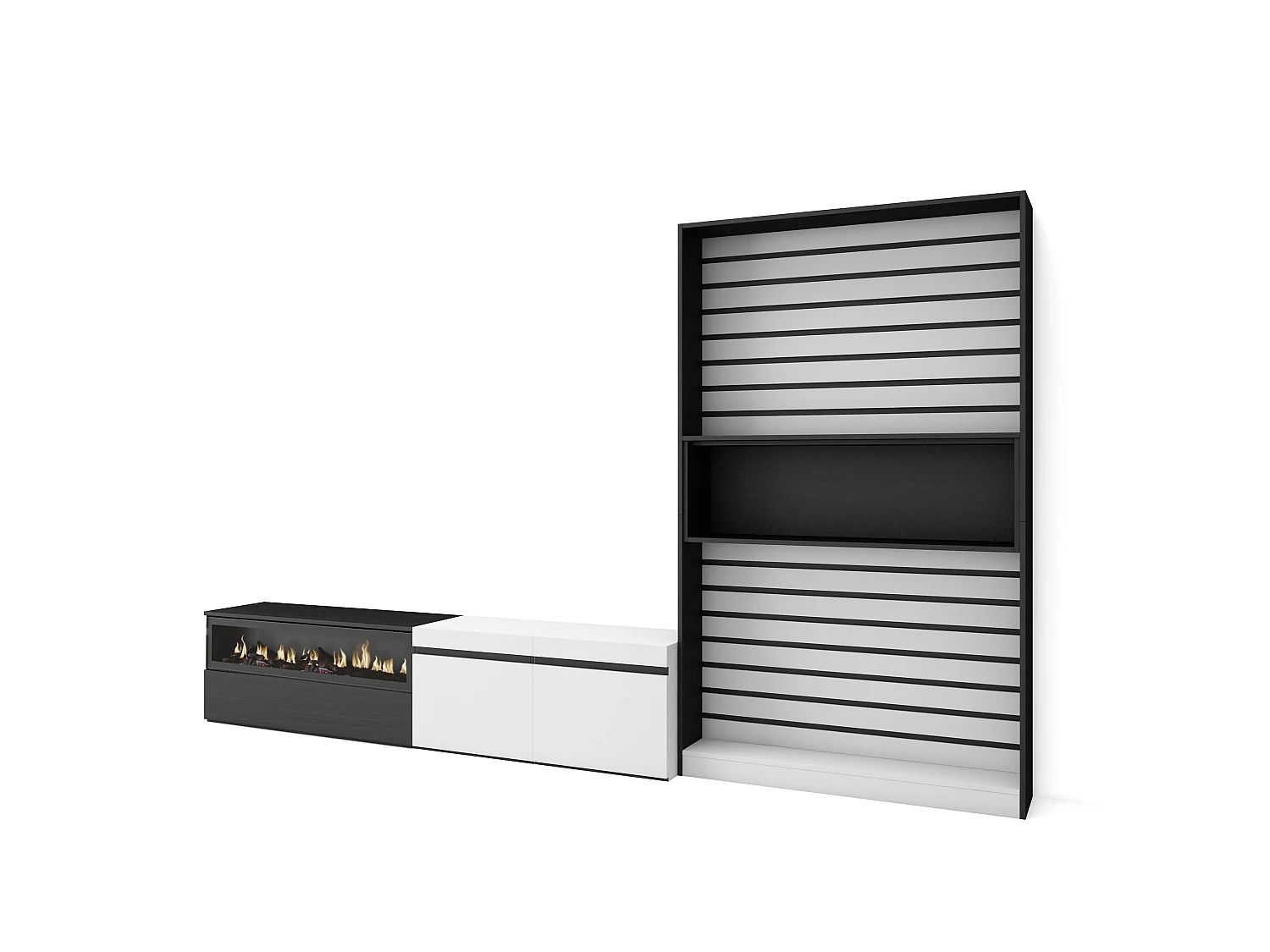 Wohnwand Wohnzimmer, 310x35x186cm, Für TV-Geräte bis zu 80", Elektrokamin. , Weiß und Schwarz