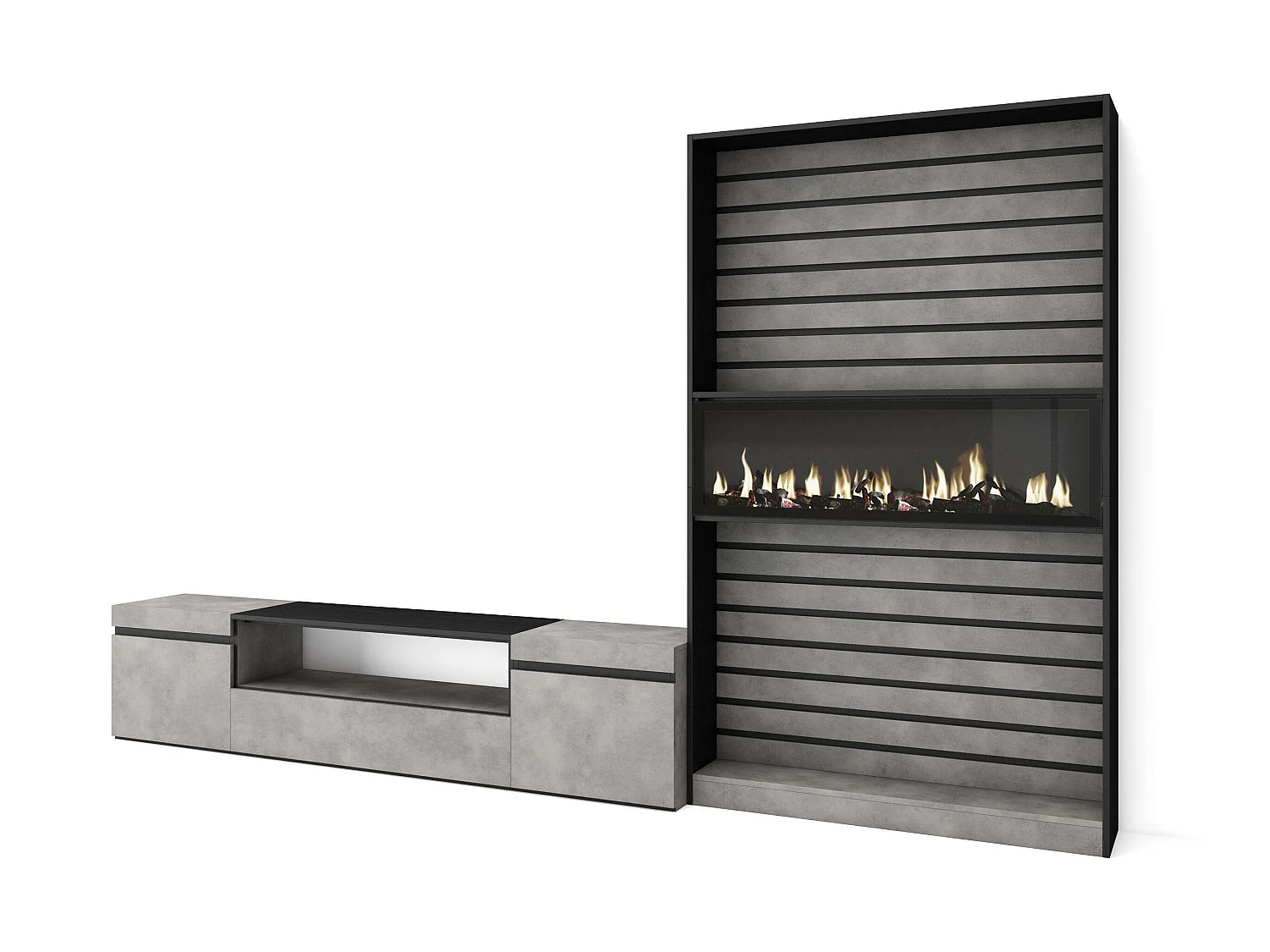 Ensemble Meuble TV, 310x186x35cm, Pour les TV jusqu'à 80", Cheminée électrique, Ciment