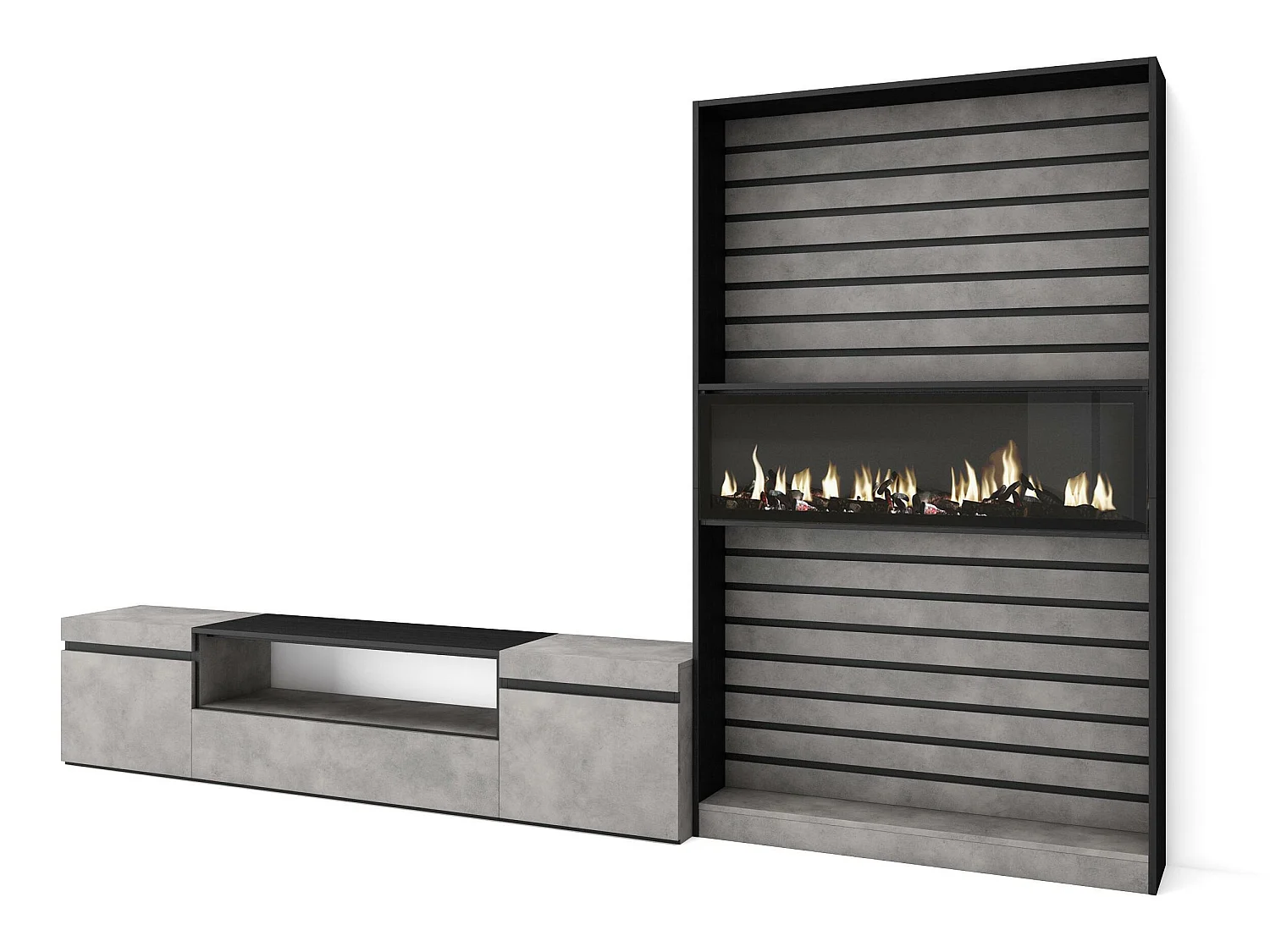 Ensemble Meuble TV, 310x186x35cm, Pour les TV jusqu'à 80", Cheminée électrique, Ciment