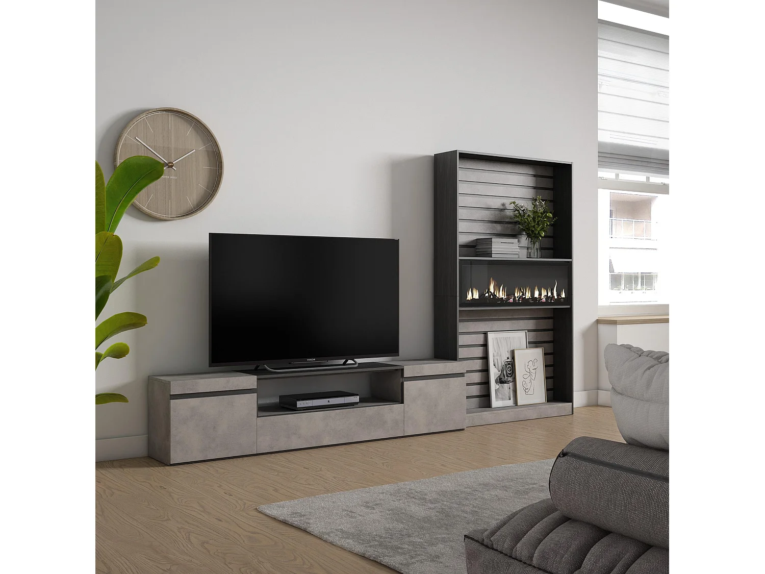 Ensemble Meuble TV, 310x186x35cm, Pour les TV jusqu'à 80", Cheminée électrique, Ciment