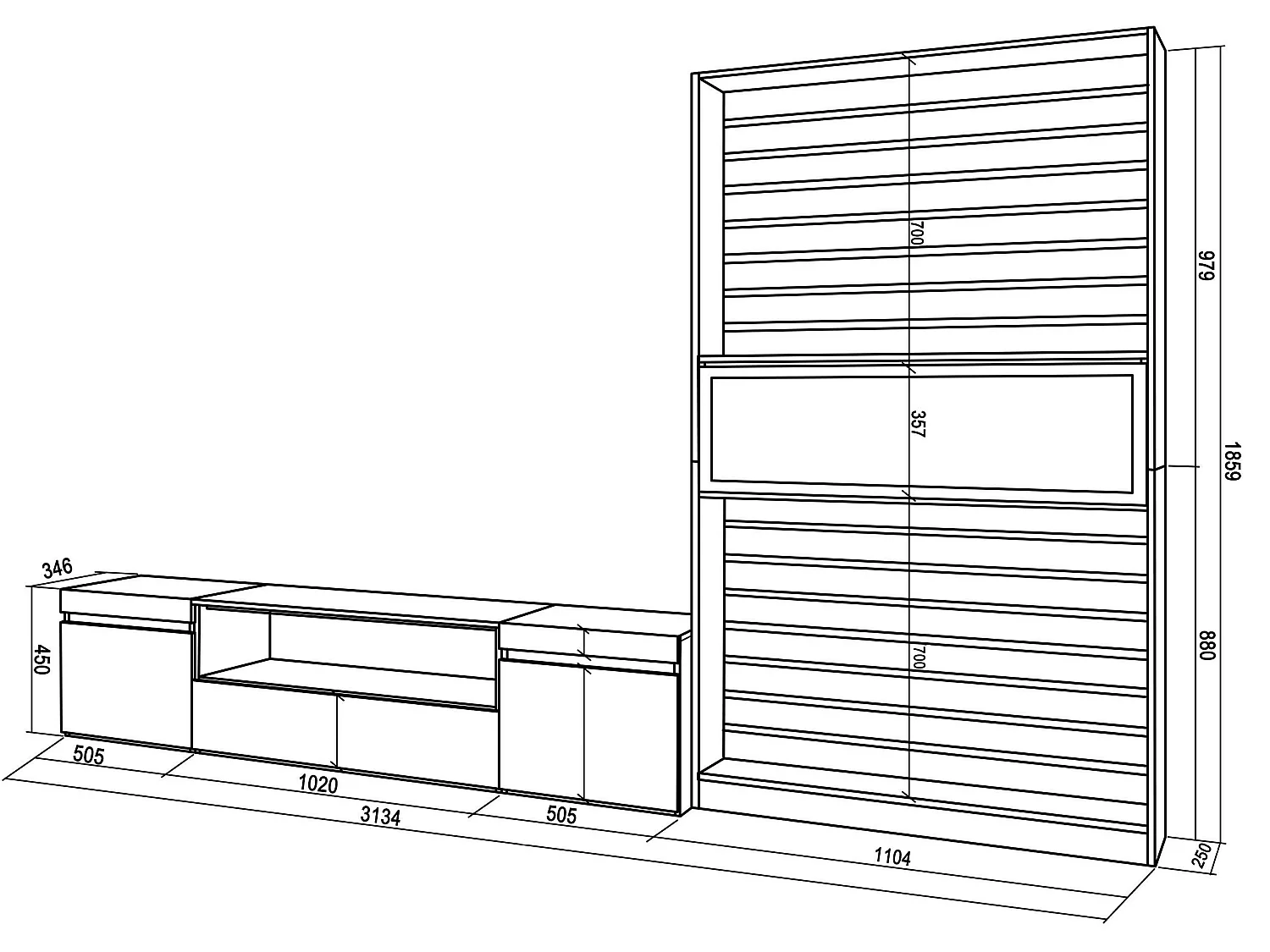 Ensemble Meuble TV, 310x186x35cm, Pour les TV jusqu'à 80", Cheminée électrique, Ciment