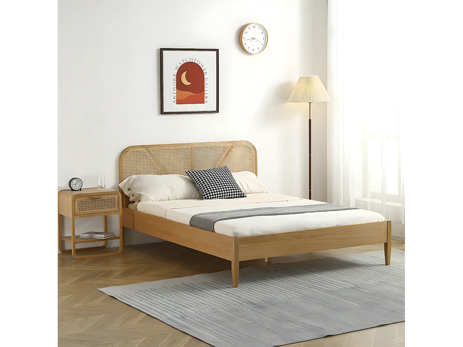 Ensemble lit adulte 180x200 cm en bois avec tête de lit en cannage Leonie + Matelas mémoire de forme Memo HR