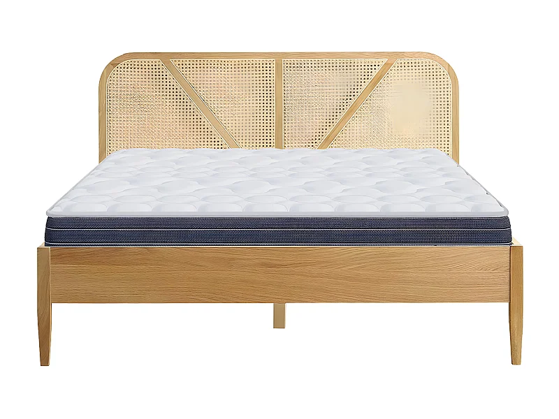 Ensemble lit adulte 180x200 cm en bois avec tête de lit en cannage Leonie + Matelas mémoire de forme Memo HR