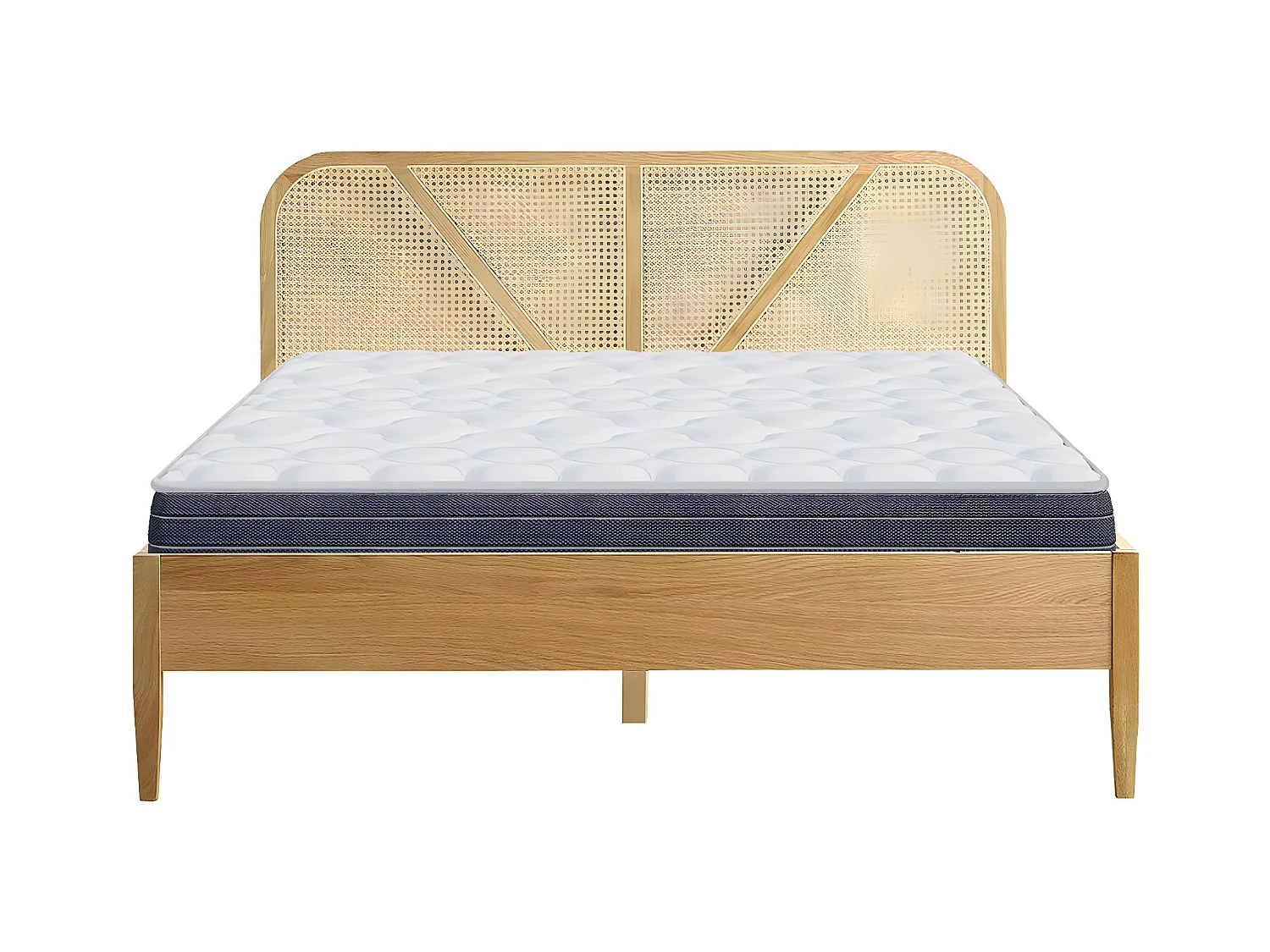 Ensemble lit adulte 160x200 cm en bois avec tête de lit en cannage Leonie + Matelas mémoire de forme Memo HR