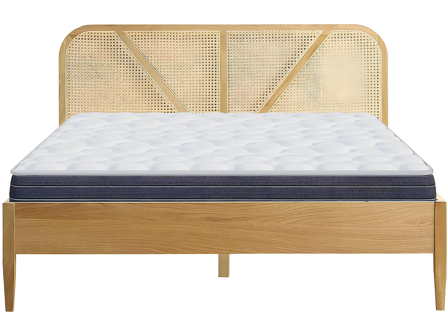 Ensemble lit adulte 140x190 cm en bois avec tête de lit en cannage Leonie + Matelas mémoire de forme Memo HR