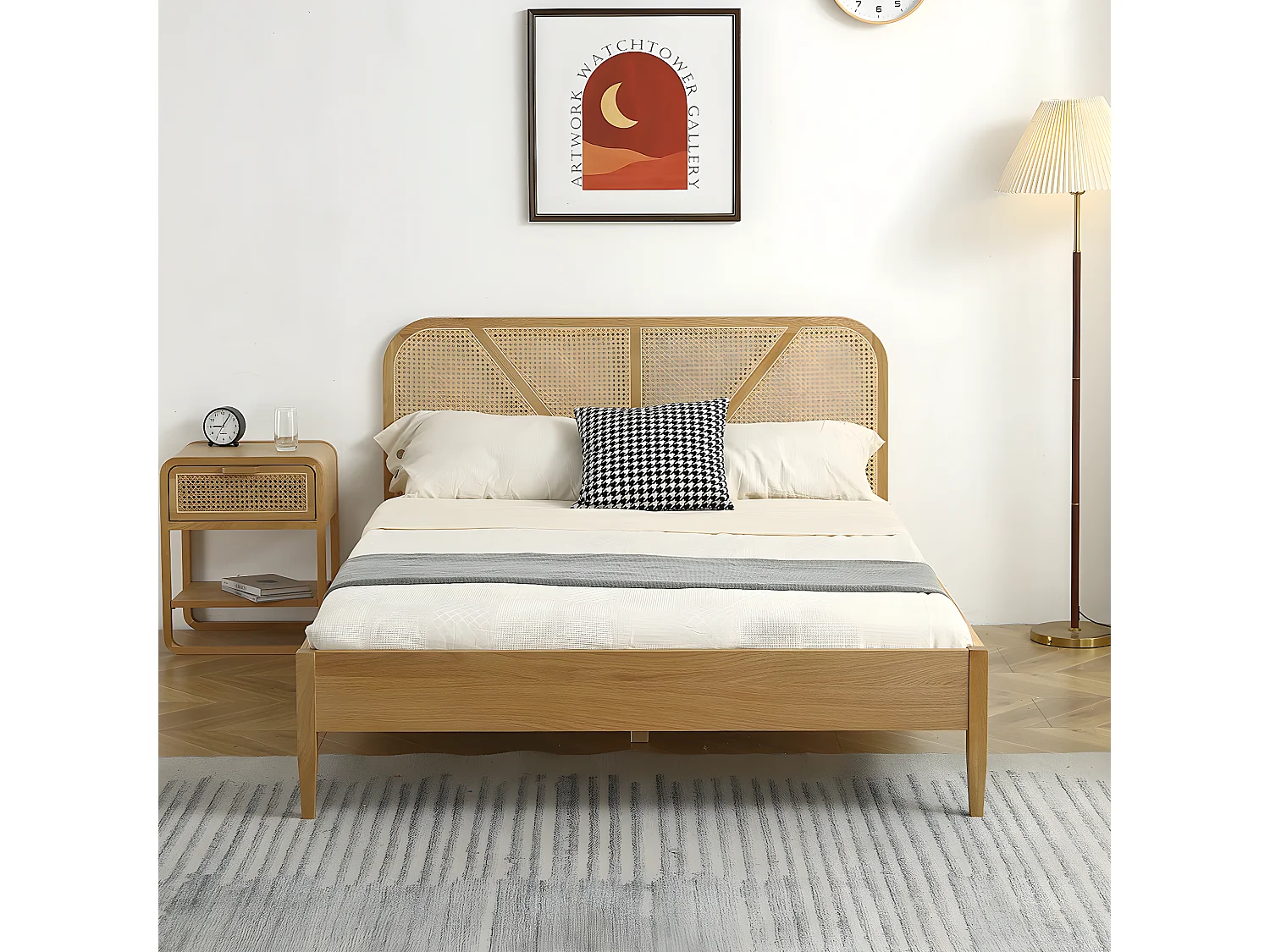 Ensemble lit adulte 140x190 cm en bois avec tête de lit en cannage Leonie + Matelas mémoire de forme Memo HR