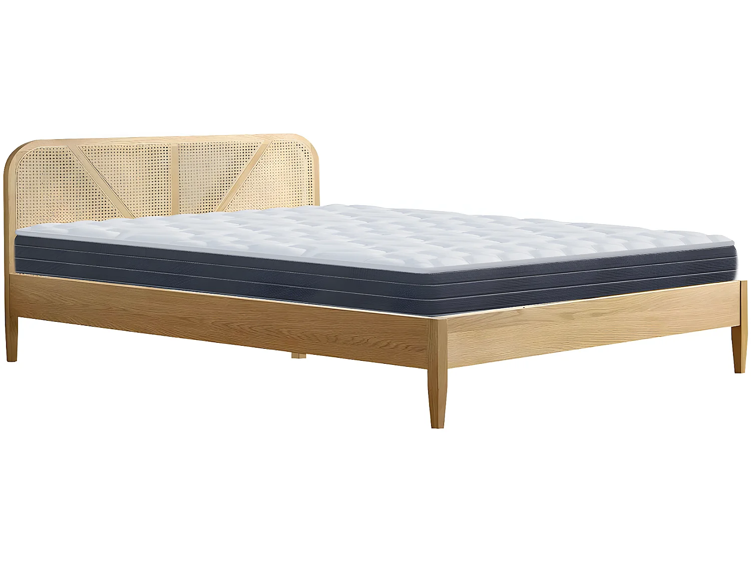 Ensemble lit adulte 140x190 cm en bois avec tête de lit en cannage Leonie + Matelas mémoire de forme Memo HR