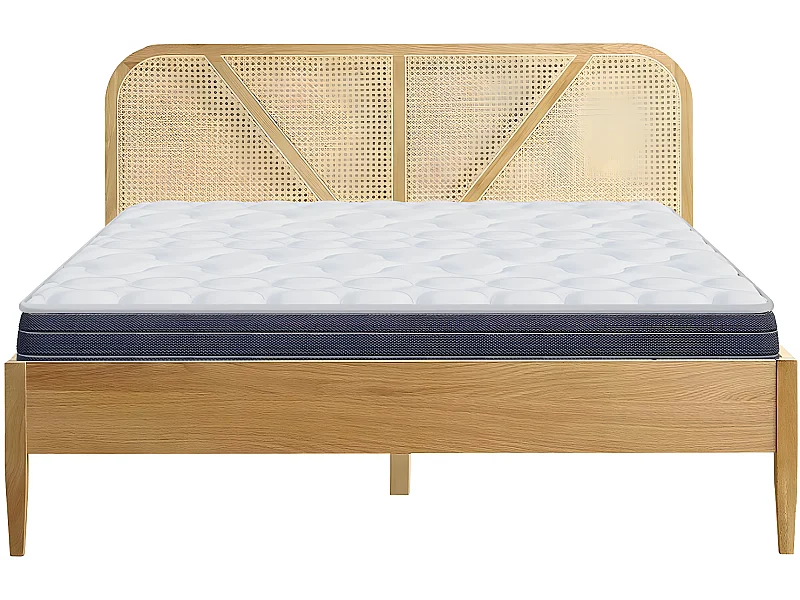 Ensemble lit adulte 140x190 cm en bois avec tête de lit en cannage Leonie + Matelas mémoire de forme Memo HR