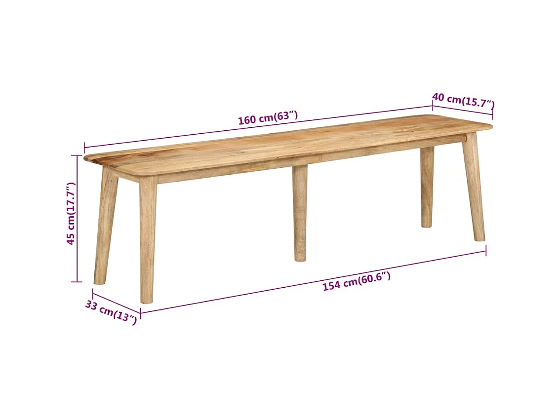 Banc 160x40x45 cm bois massif de manguier