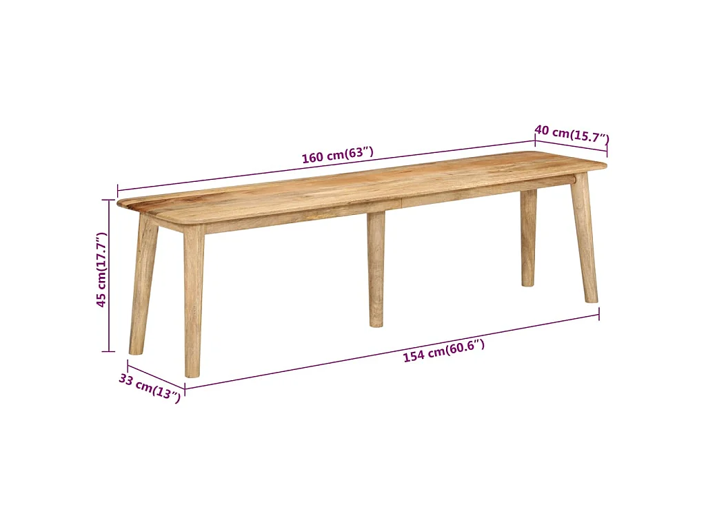 Banc 160x40x45 cm bois massif de manguier