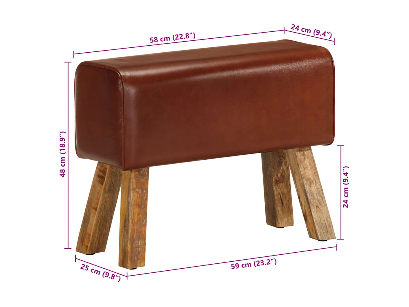 Banc saut de cheval 58 cm marron cuir véritable et manguier