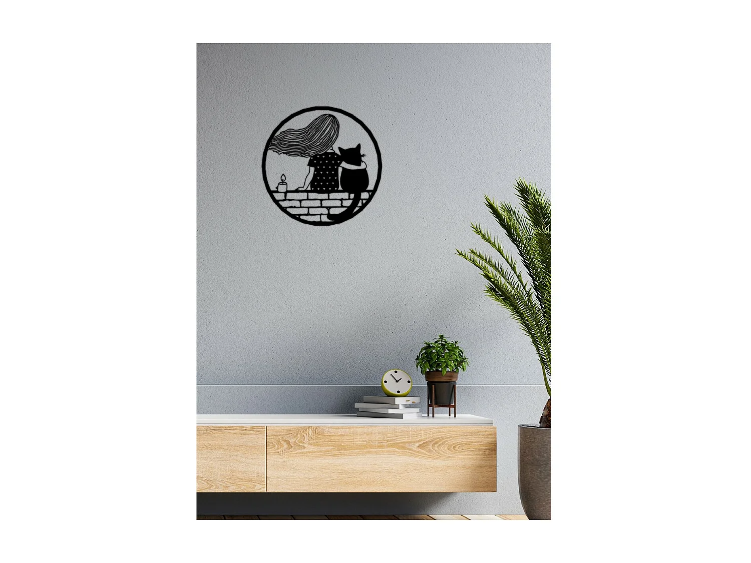 Décoration en Métal Girl and cat, Noir, 60x1,5x60 cm, EPIKASA