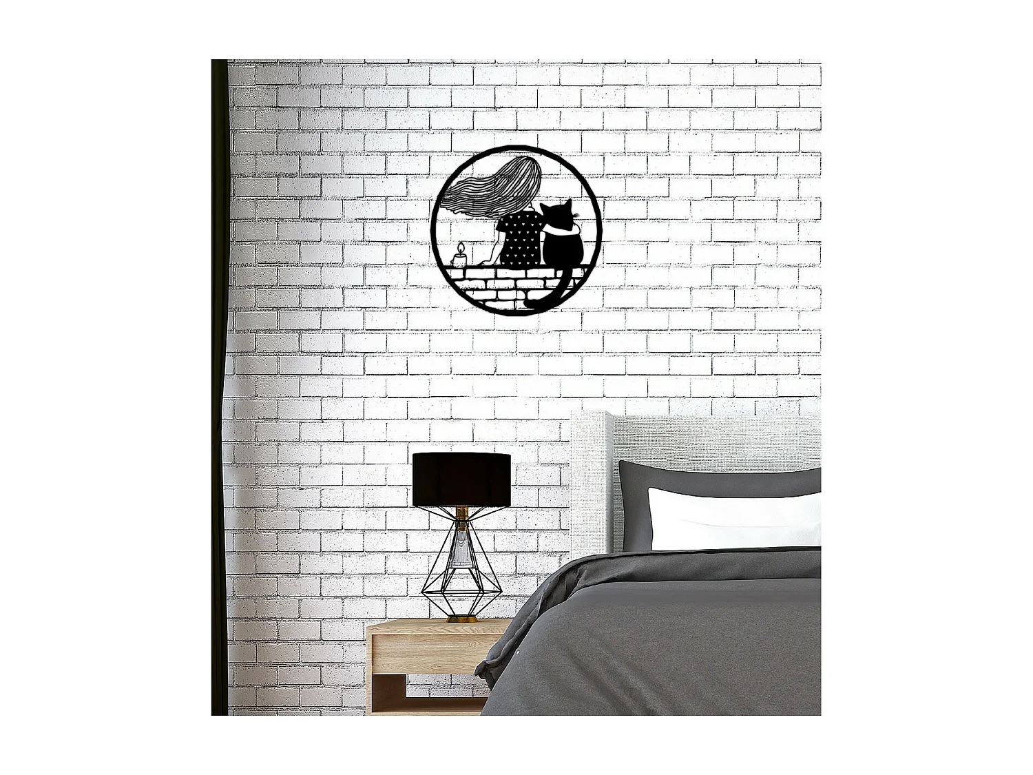 Décoration en Métal Girl and cat, Noir, 60x1,5x60 cm, EPIKASA